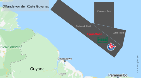 Karte der Ölfunde vor Guyana