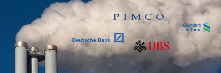 Rauchender Schlot mit Logos von Deutsche Bank, PIMCO, UBS, usw.
