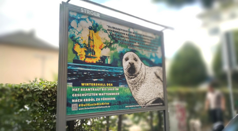 Plakat mit Seehund: Ölpläne im Wattenmeer