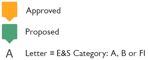 Explanation of the symbols and abbreviations used in the map: Green for prosposed projects, orange for approved.