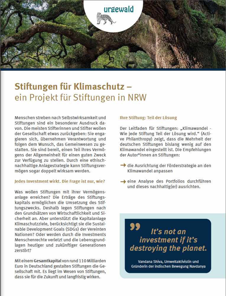 Titelseite Flyer Stiftungen für Klimaschutz – ein Projekt für Stiftungen in NRW