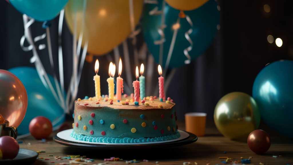 Geburtstagskuchen, im Hintergrund Luftballons