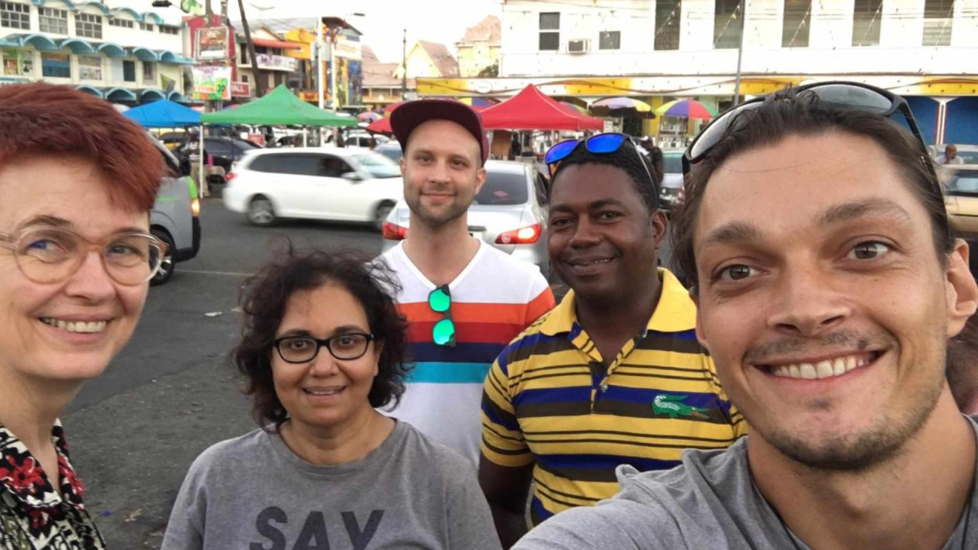 Selfie at Stabroek market: (from left) Ute Koczy, Melinda Janki, Denis Schimmelpfennig, Luke Johnson, Tom Vierus.