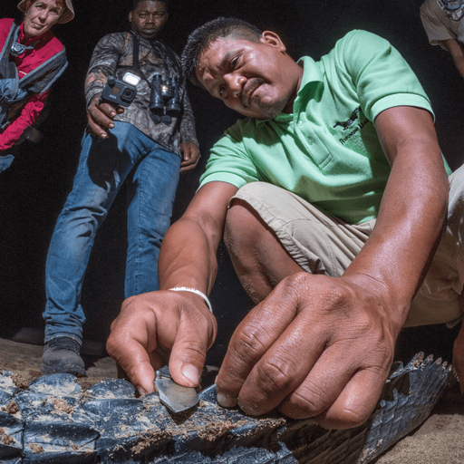 Man tagging caiman