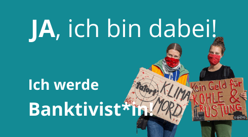 Ich werde Banktivist*in-Schriftzug mit Protestierenden